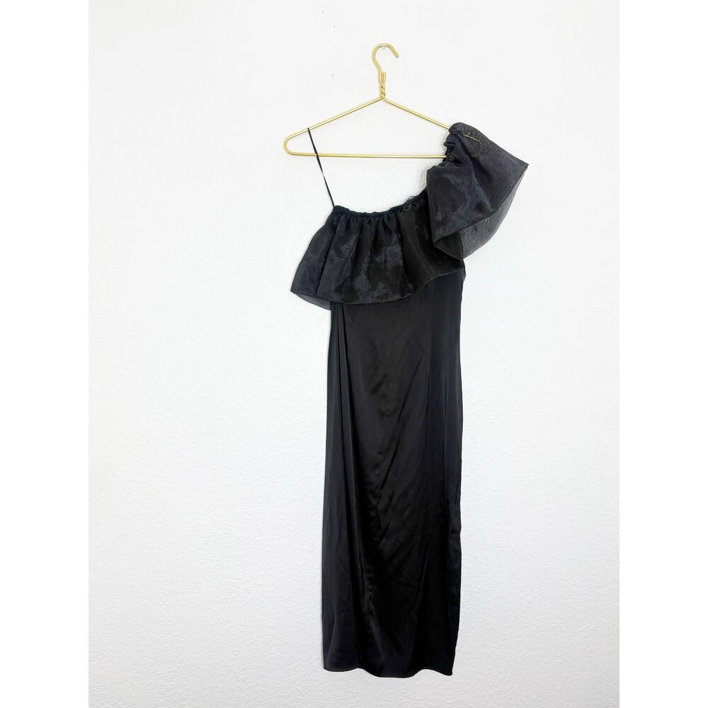 Zara Black Satin Midi Dress Organza Ruffle Puff Sleeve Medium 8779/462 NWT - Picture 12 of 13